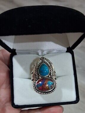 Huge .925 Sterling Silver Turquiose & Spiney Oyster Turquiose Ring Size 7
